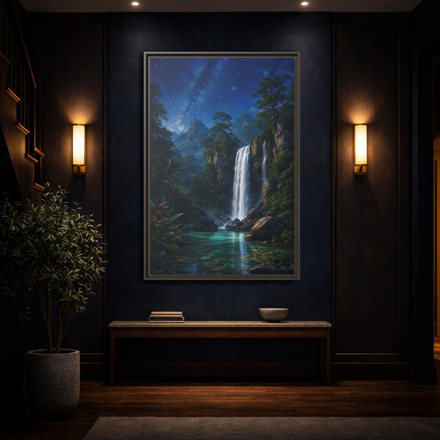 Mockup 4. Starry Waterfall Oasis shown as framed canvas print