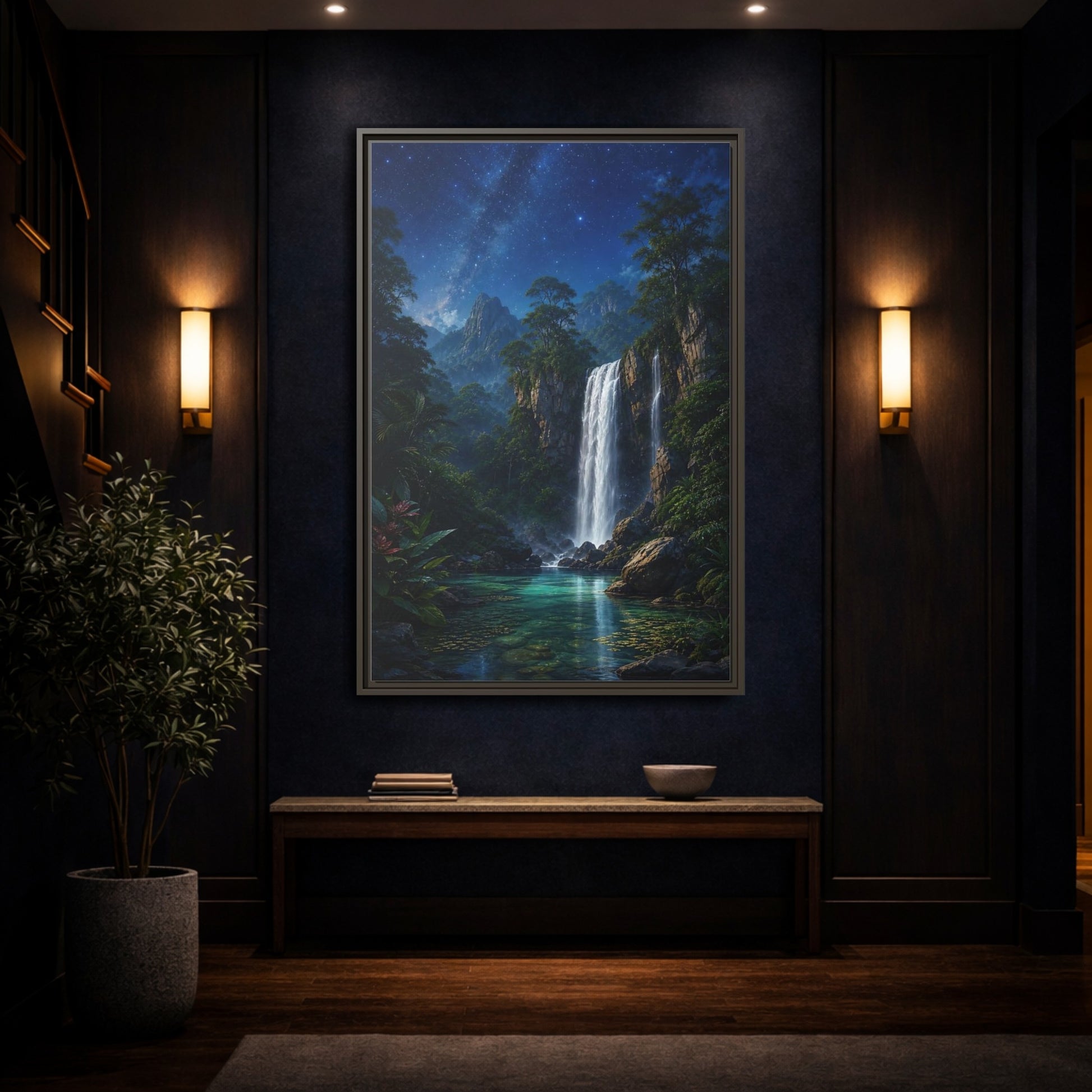 Mockup 4. Starry Waterfall Oasis shown as framed canvas print