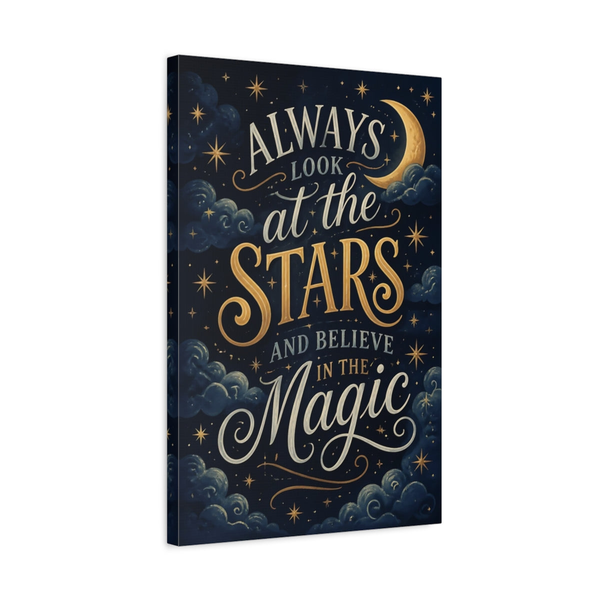 Side Mockup 3. Stars Quote: Moonlit Magic shown as canvas print