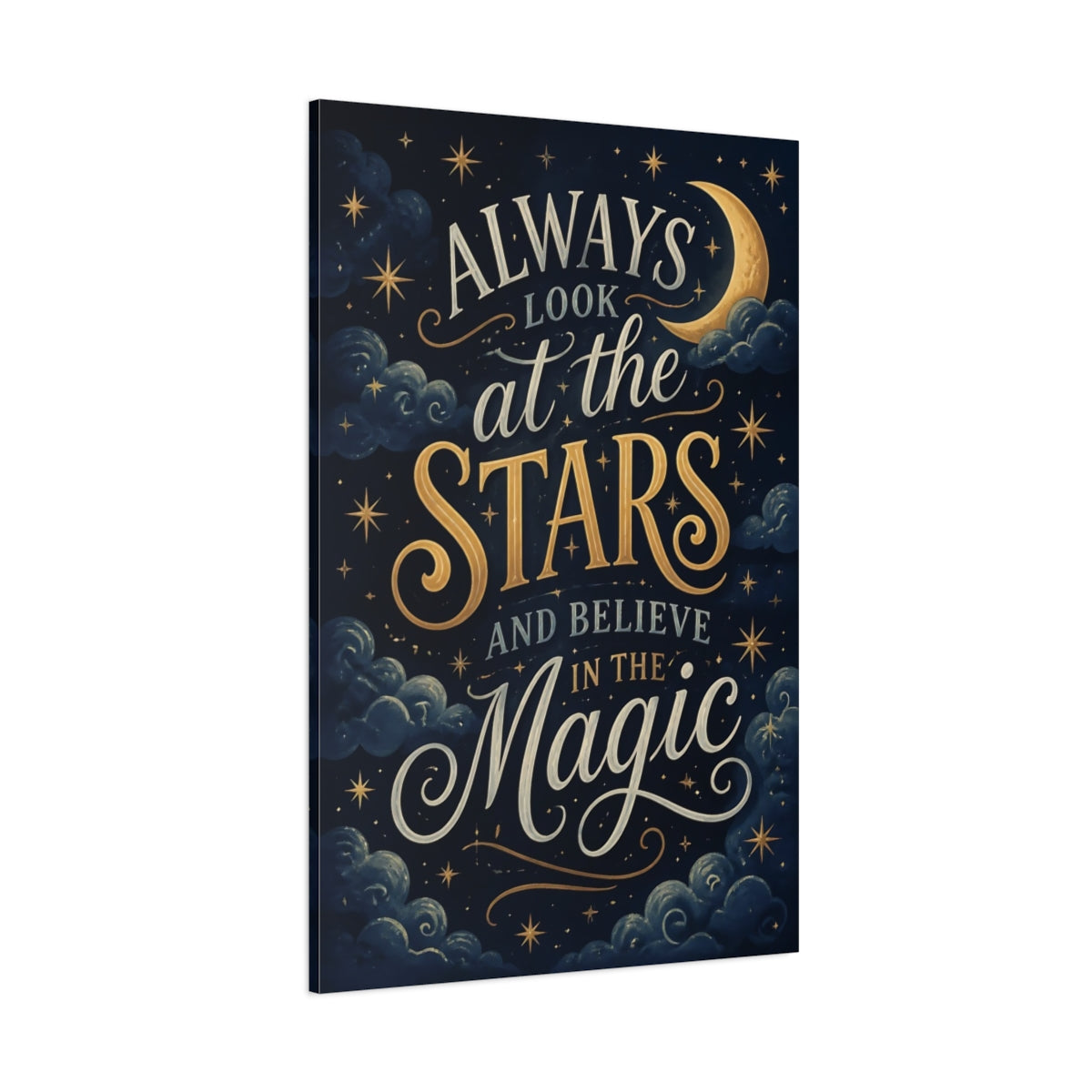 Side Mockup 1. Stars Quote: Moonlit Magic shown as canvas print