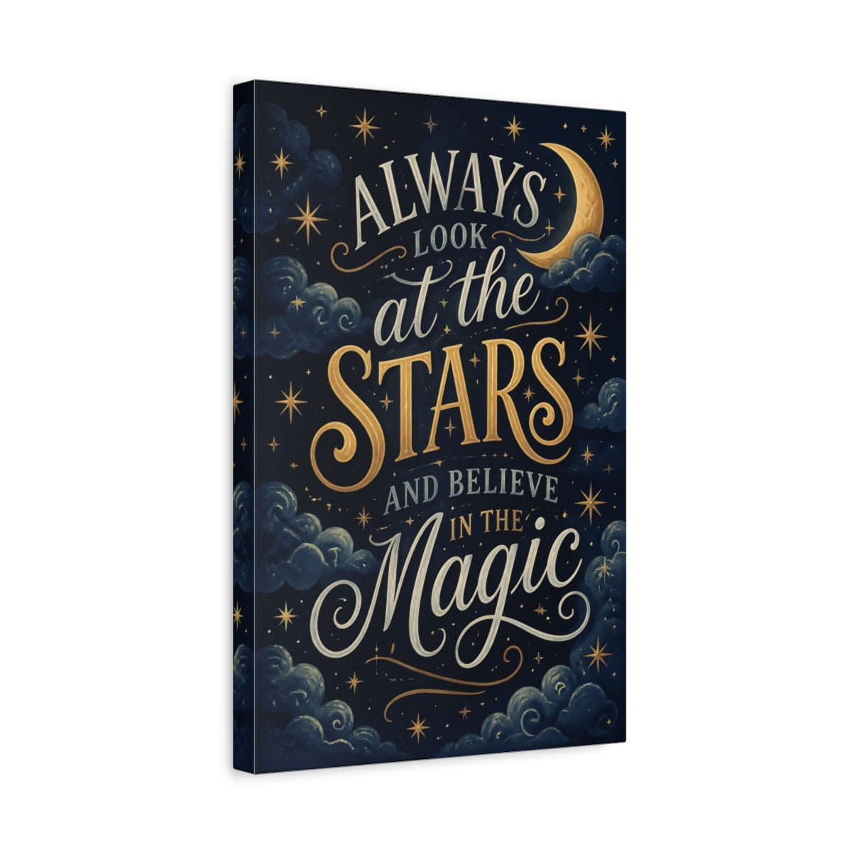 Side Mockup 4. Stars Quote: Moonlit Magic shown as canvas print