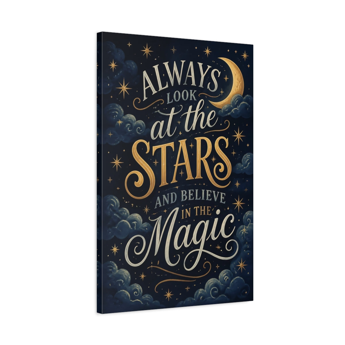 Side Mockup 2. Stars Quote: Moonlit Magic shown as canvas print