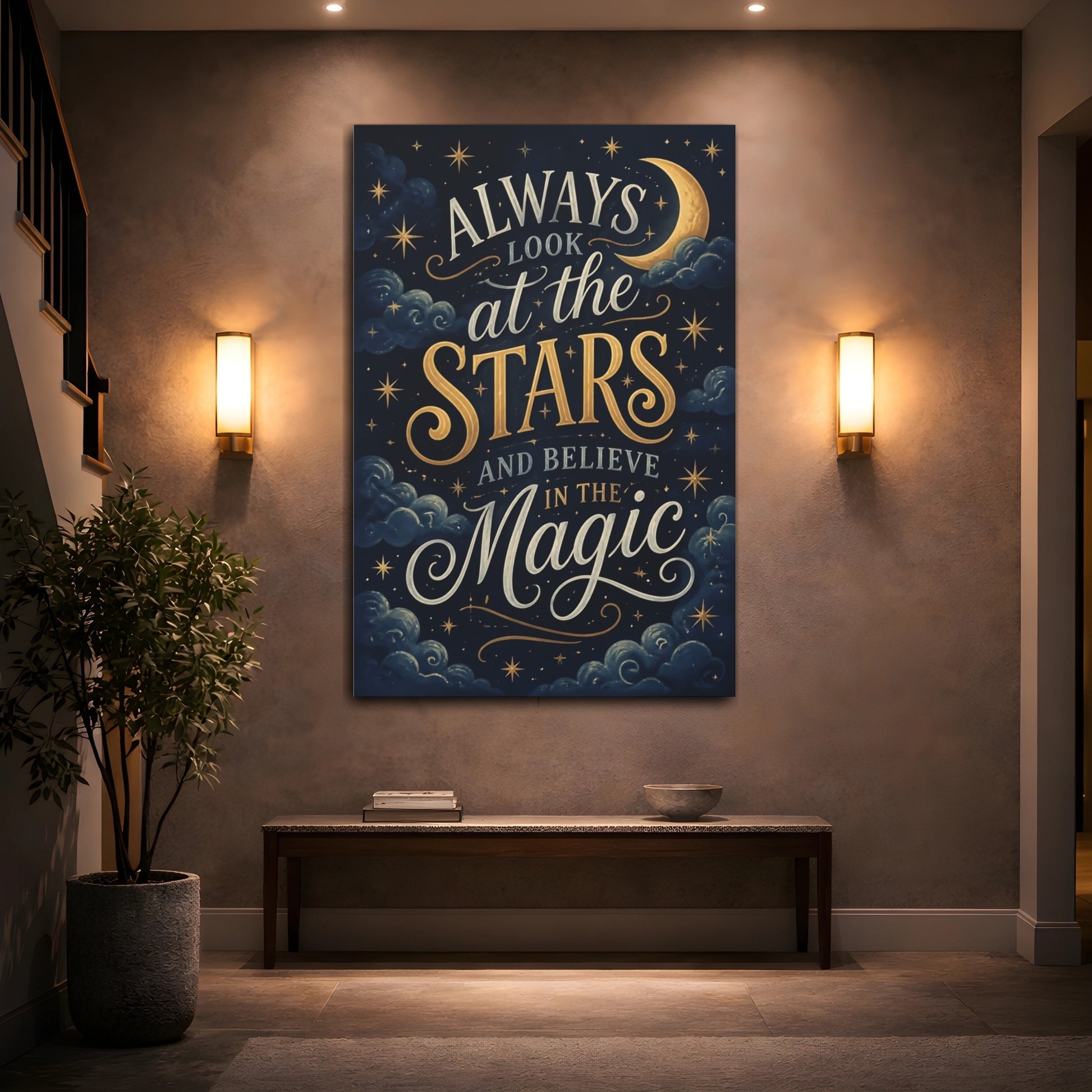 Mockup 2. Stars Quote: Moonlit Magic shown as canvas print