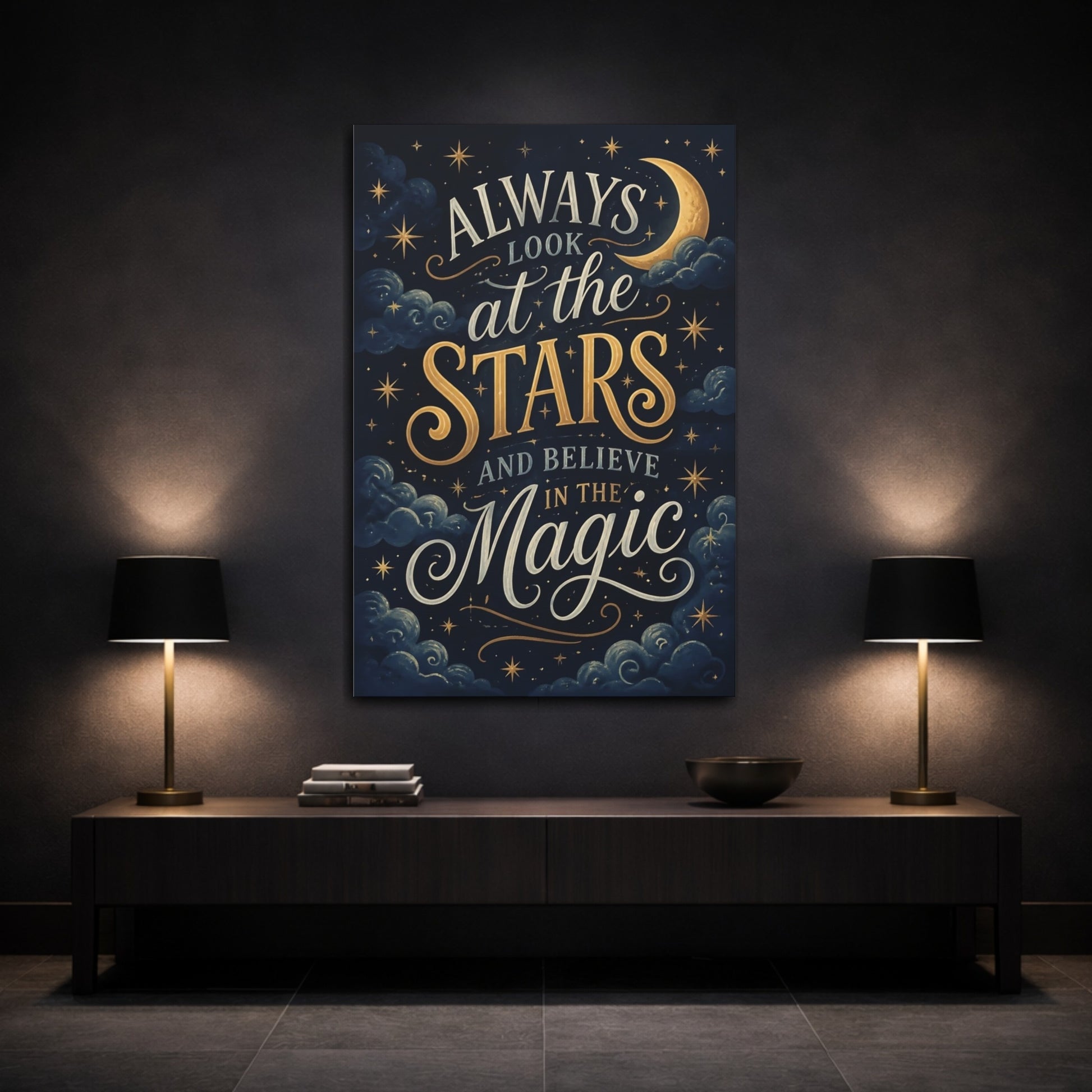 Mockup 3. Stars Quote: Moonlit Magic shown as canvas print