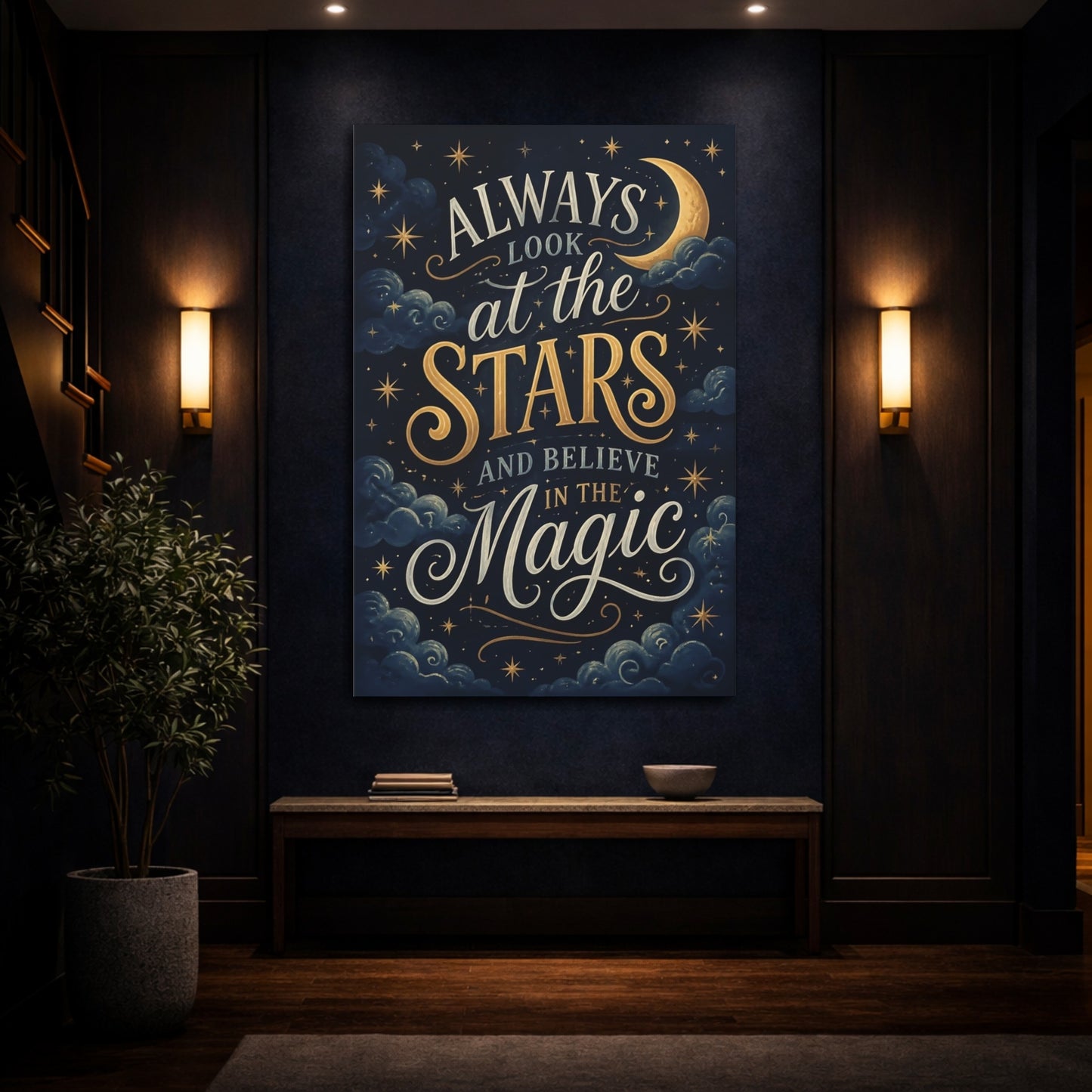 Mockup 4. Stars Quote: Moonlit Magic shown as canvas print