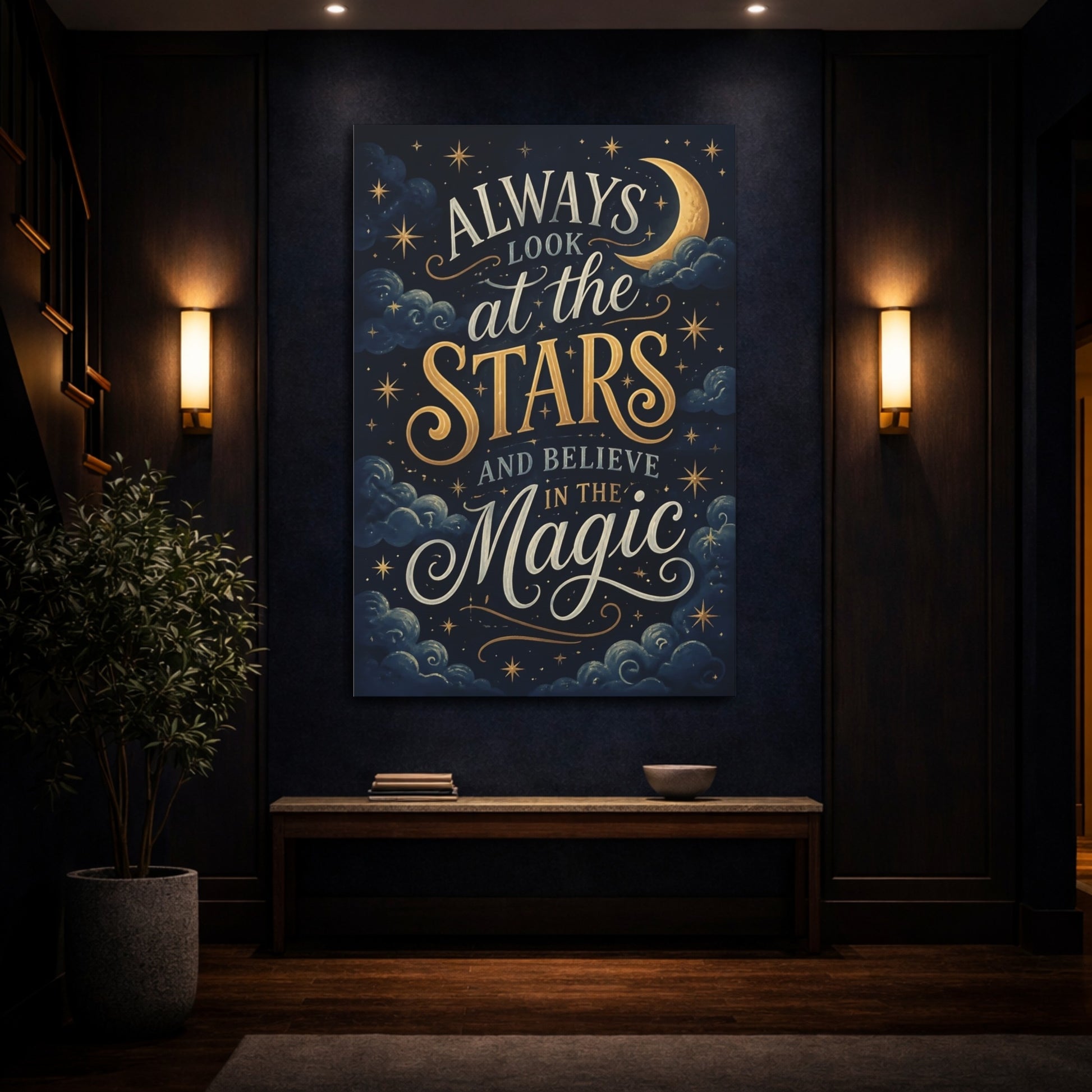 Mockup 4. Stars Quote: Moonlit Magic shown as canvas print