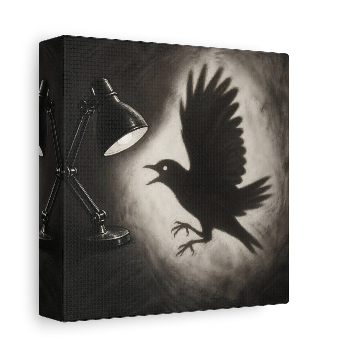 Side Mockup 2. Startled Bird Shadow shown as canvas print