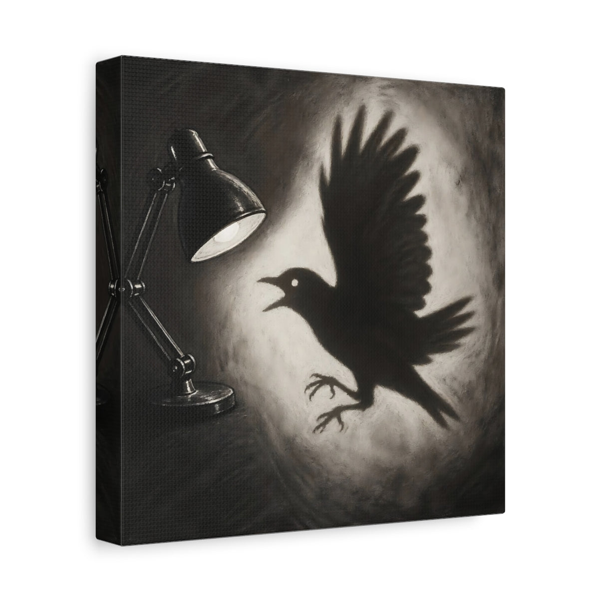Side Mockup 9. Startled Bird Shadow shown as canvas print