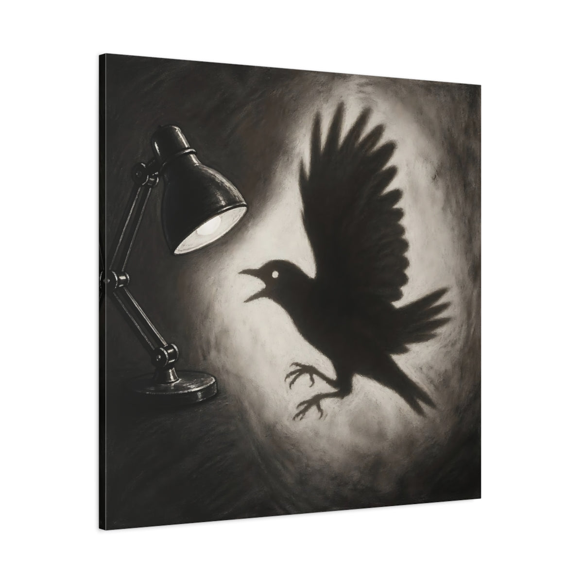 Side Mockup 1. Startled Bird Shadow shown as canvas print