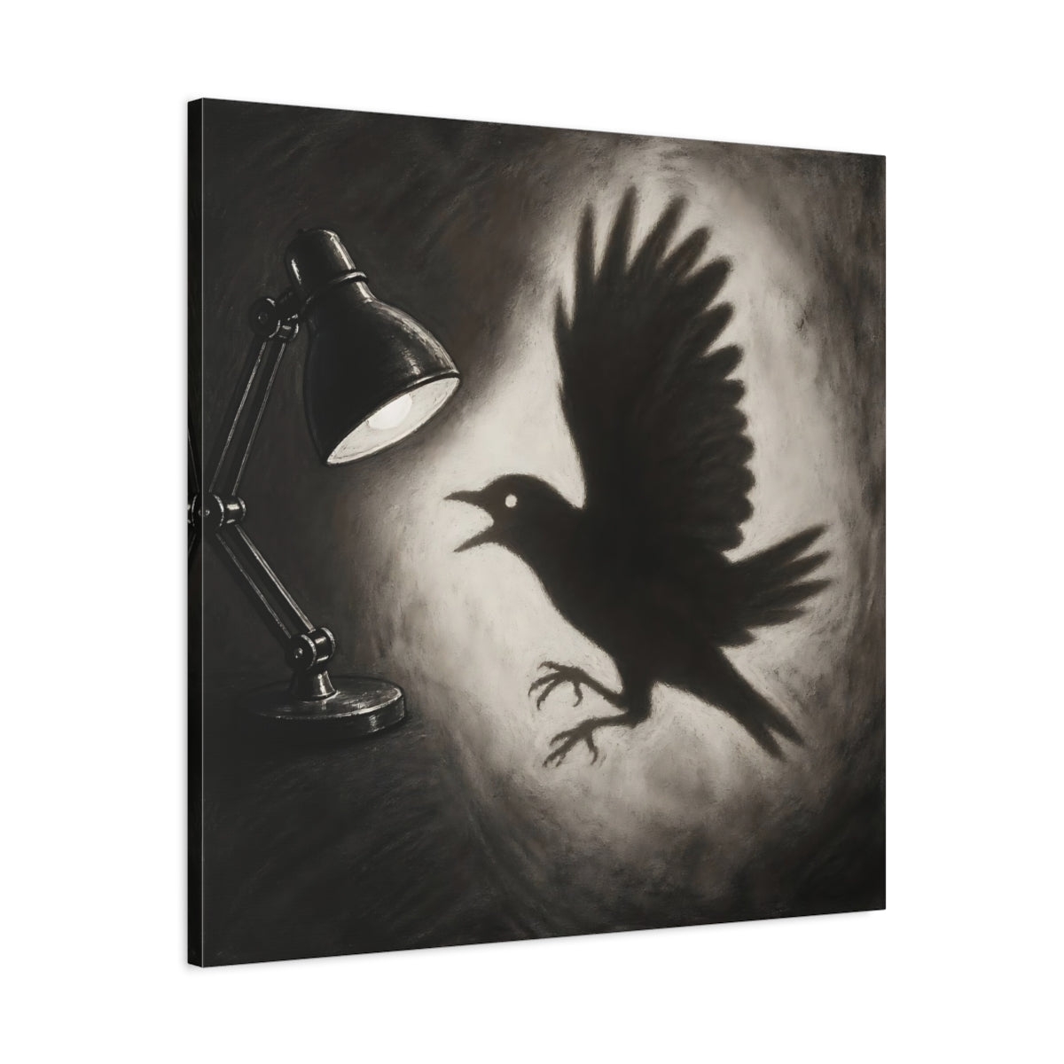 Side Mockup 3. Startled Bird Shadow shown as canvas print