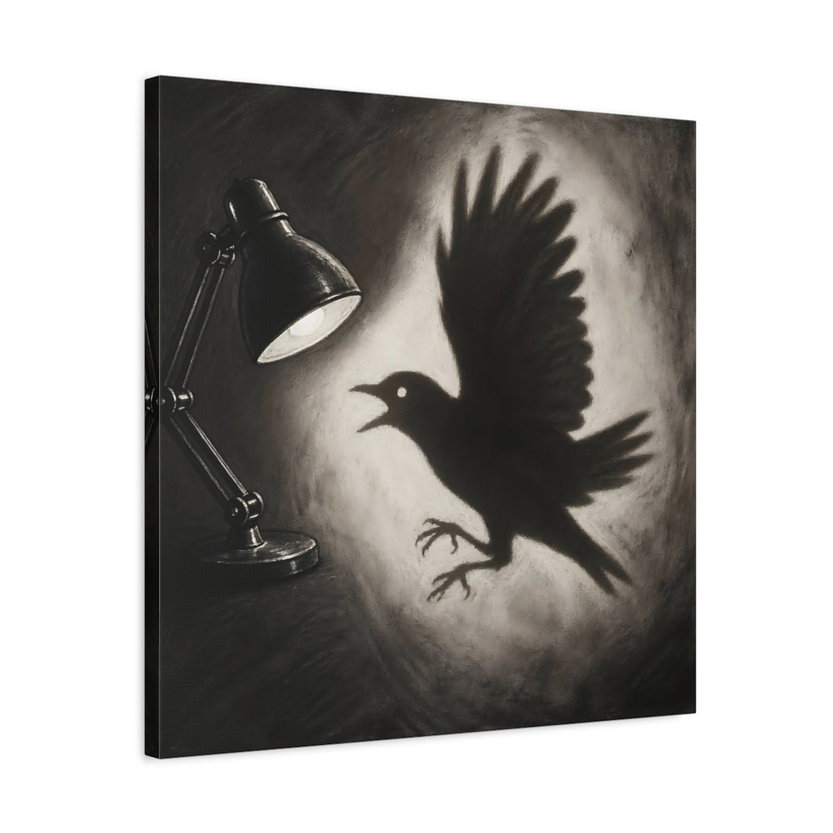 Side Mockup 4. Startled Bird Shadow shown as canvas print
