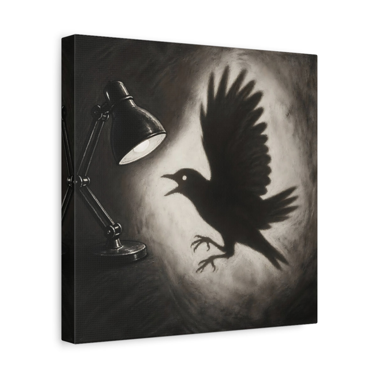 Side Mockup 8. Startled Bird Shadow shown as canvas print