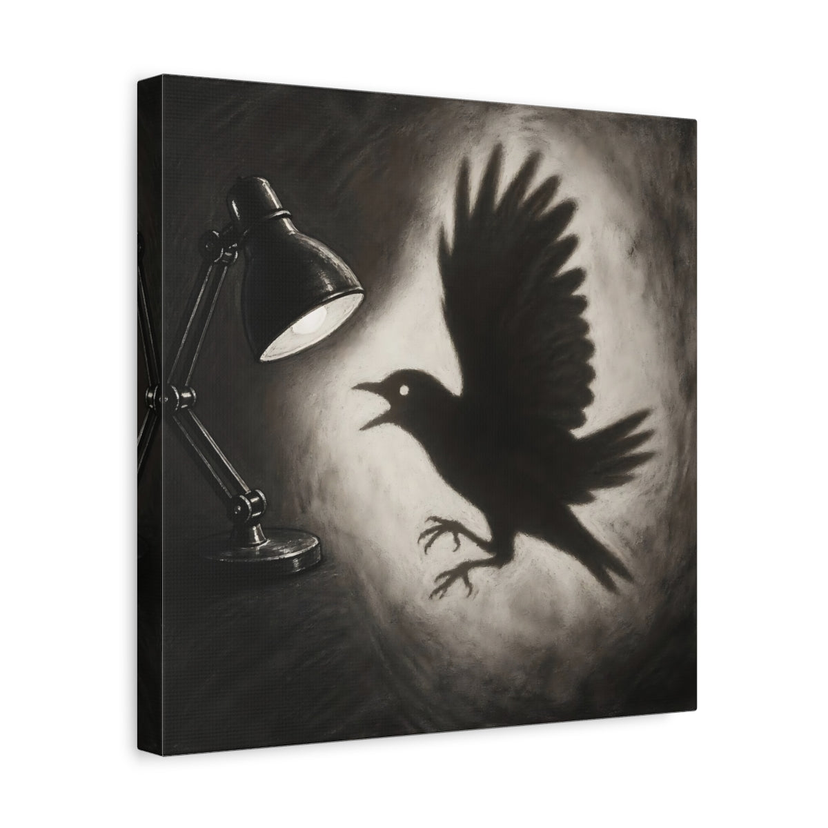 Side Mockup 7. Startled Bird Shadow shown as canvas print