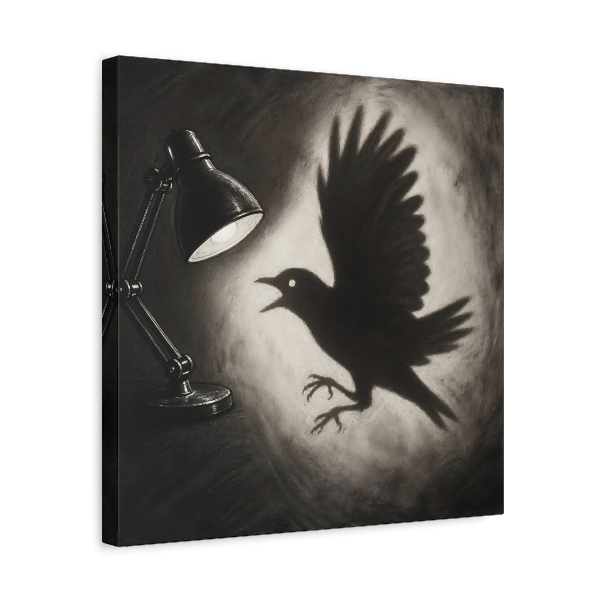 Side Mockup 6. Startled Bird Shadow shown as canvas print