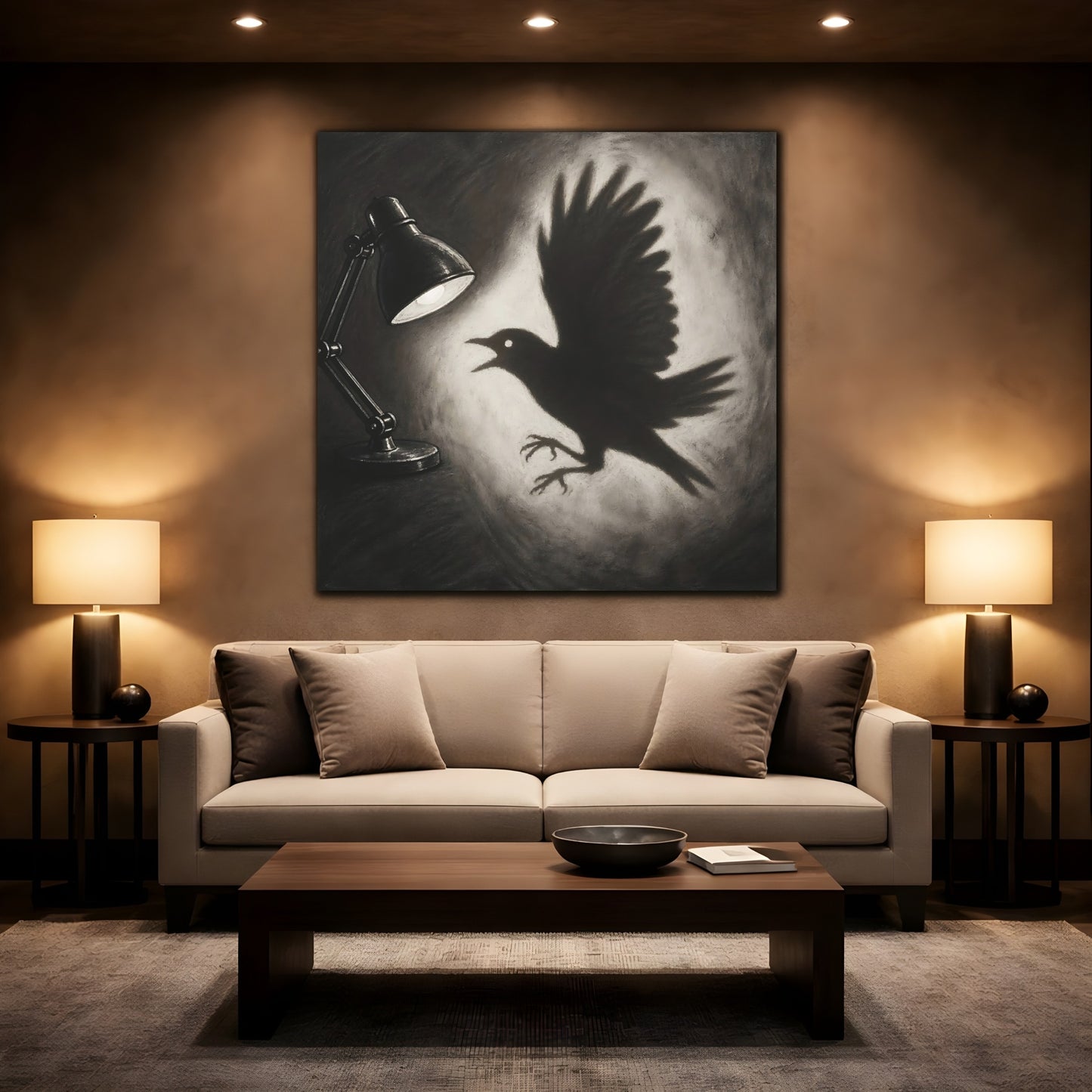 Mockup 2. Startled Bird Shadow shown as canvas print