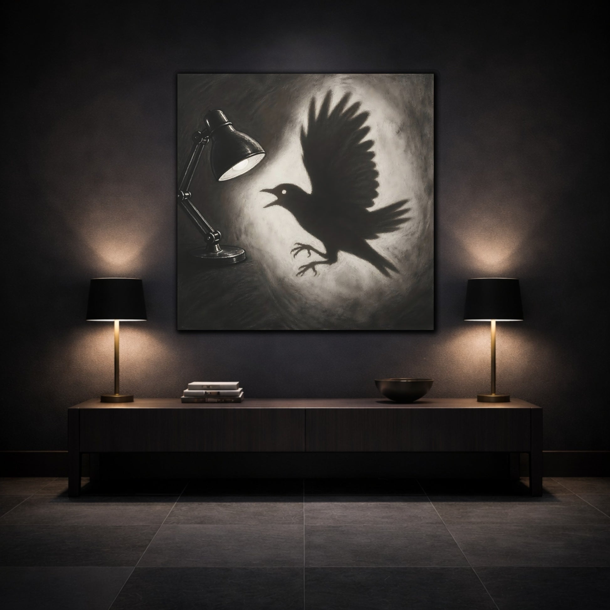 Mockup 3. Startled Bird Shadow shown as canvas print