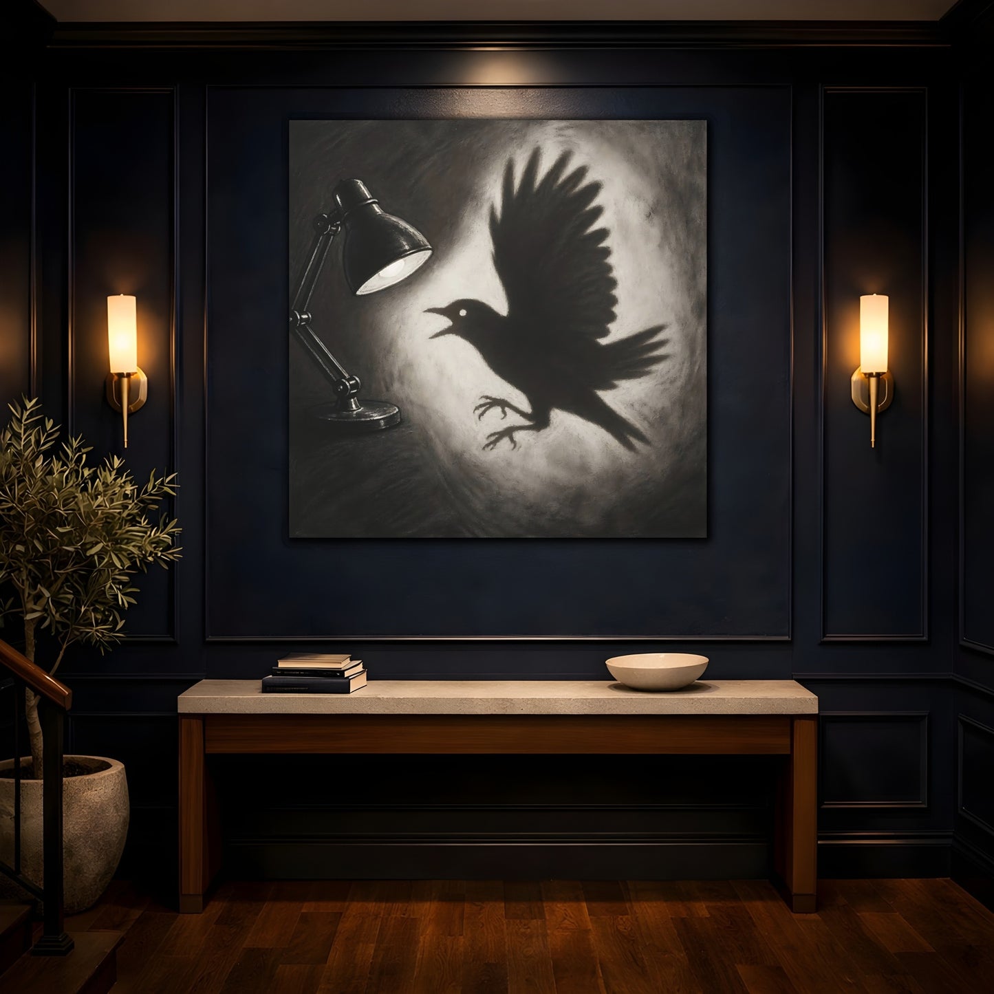 Mockup 4. Startled Bird Shadow shown as canvas print