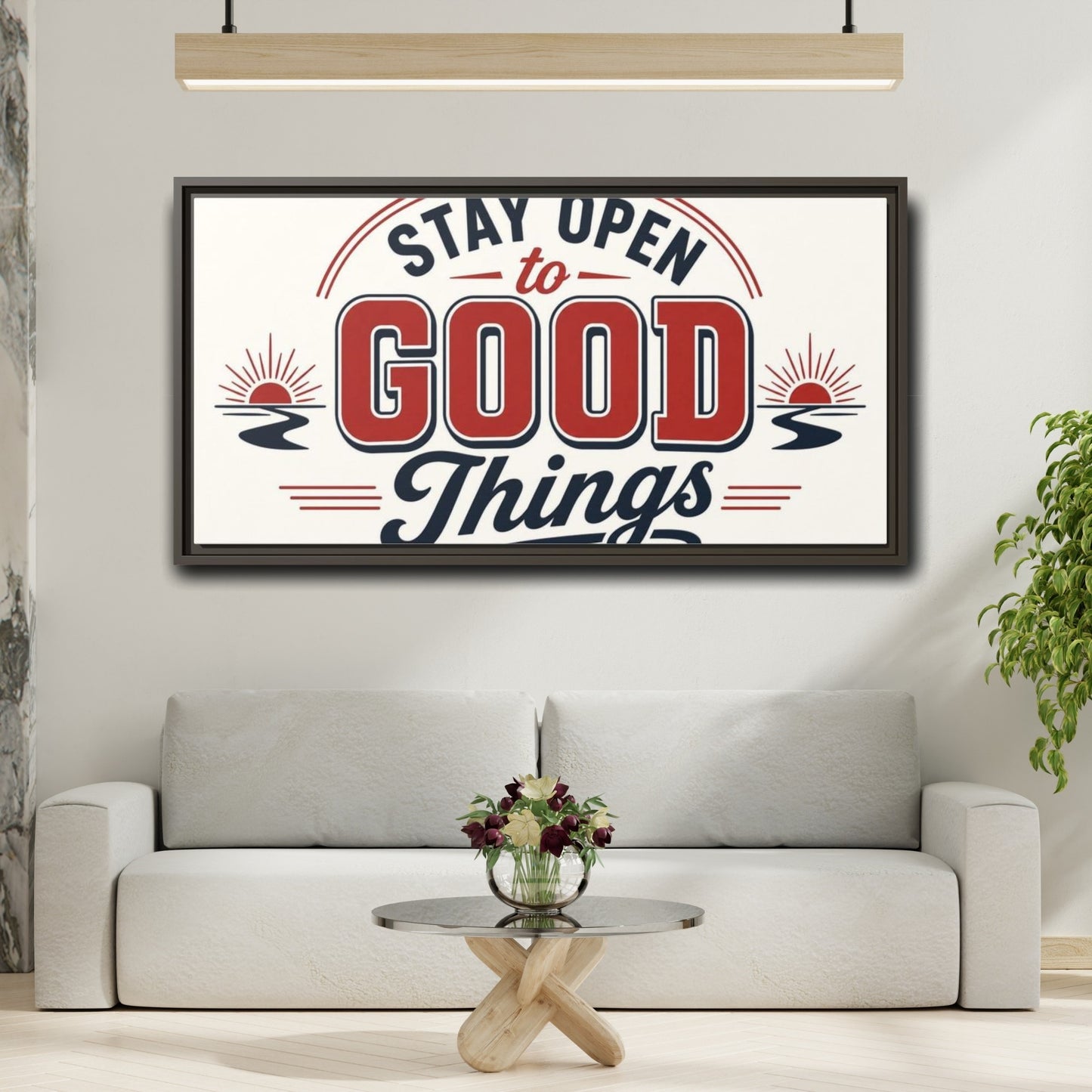 Mockup 2. Stay Open To Good Things shown as framed canvas print