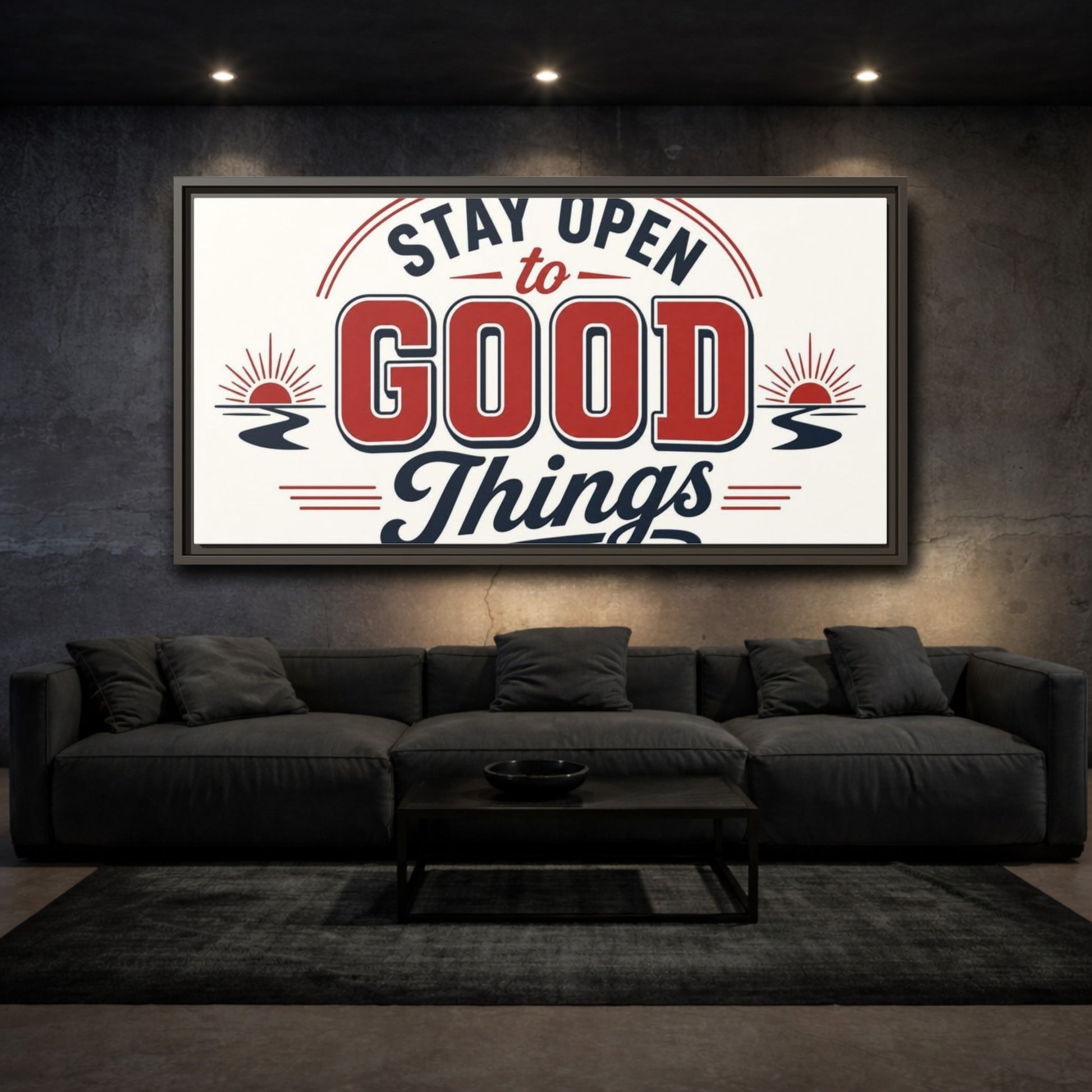 Mockup 3. Stay Open To Good Things shown as framed canvas print