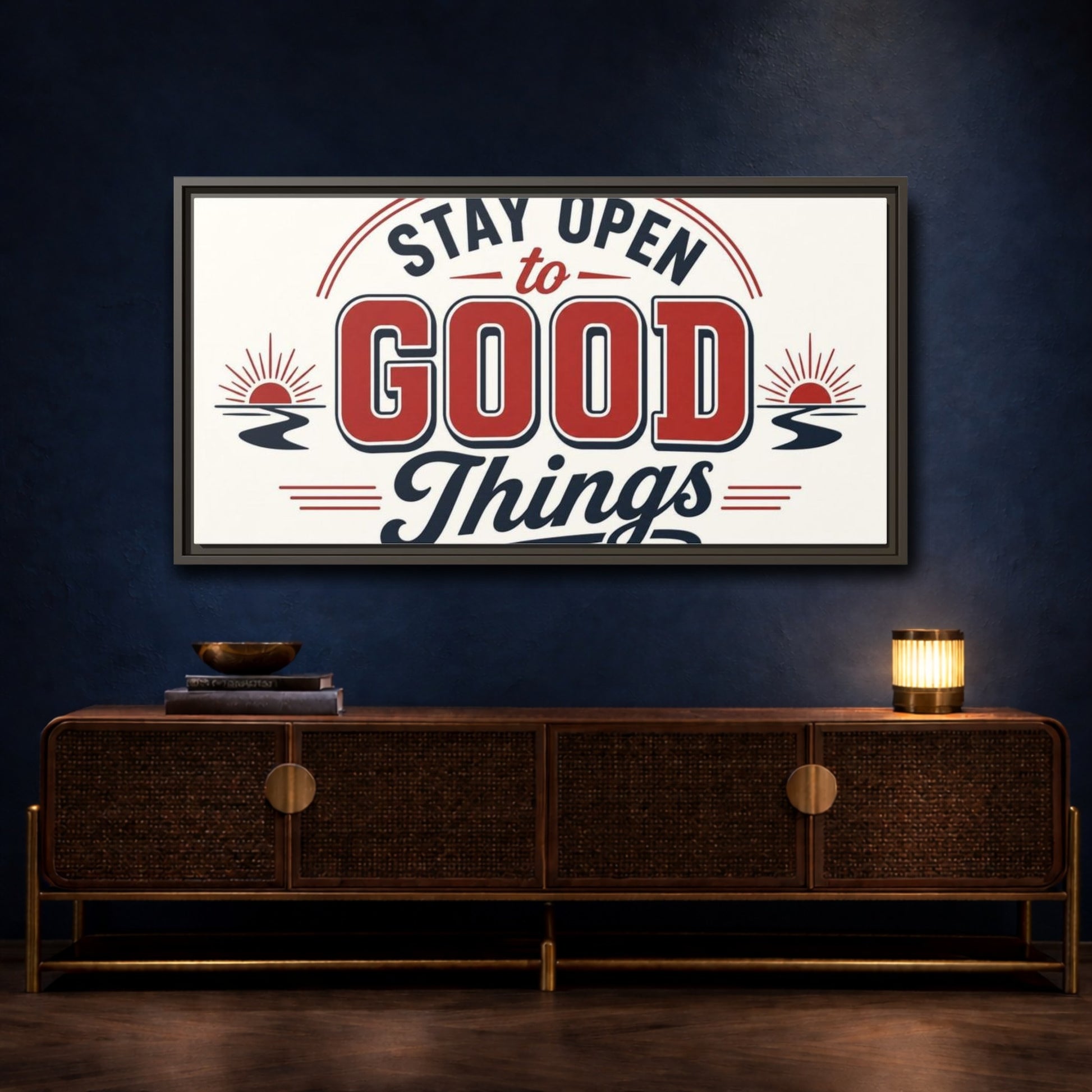 Mockup 4. Stay Open To Good Things shown as framed canvas print
