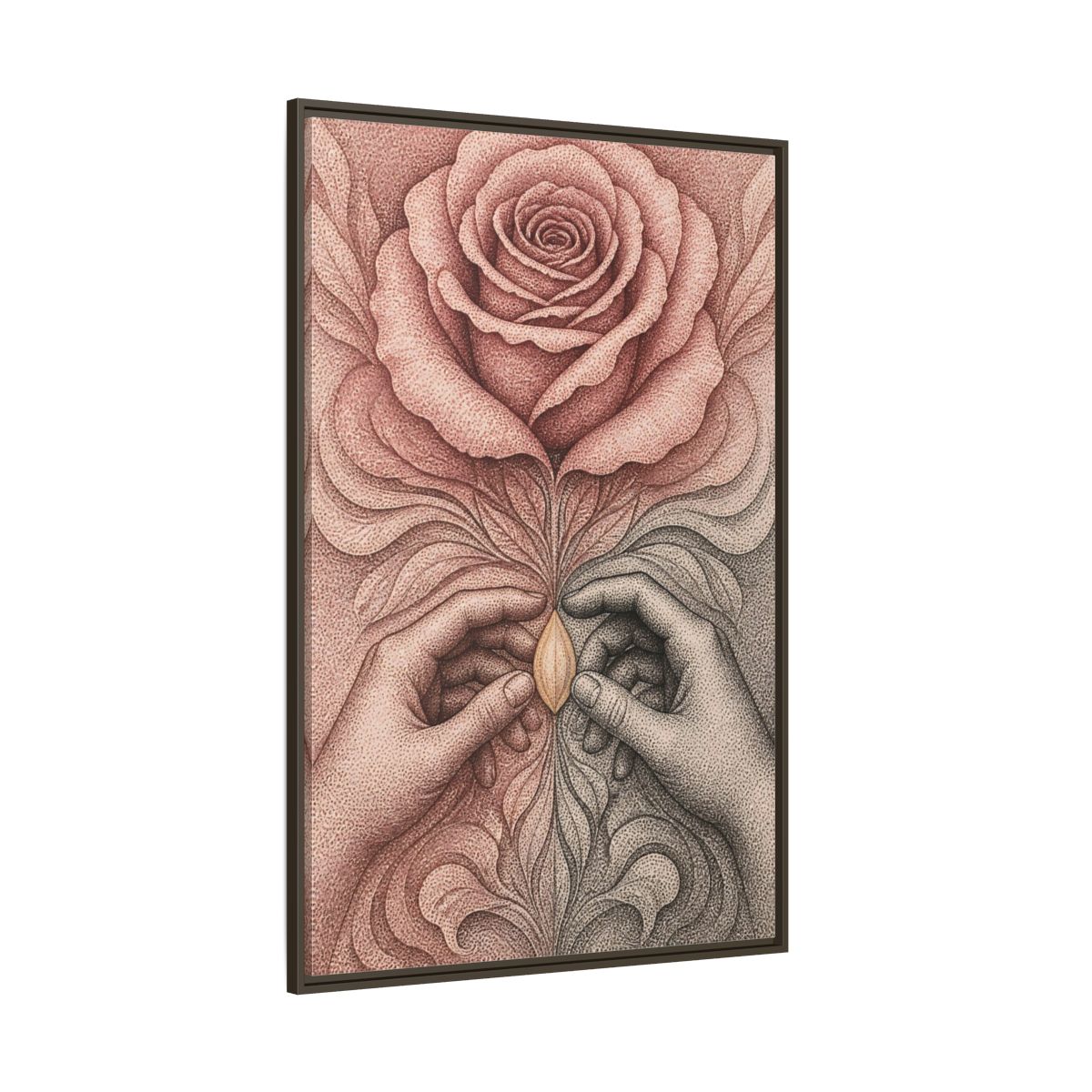 Side Mockup 8. Stippled Rose With Hands shown as framed canvas print