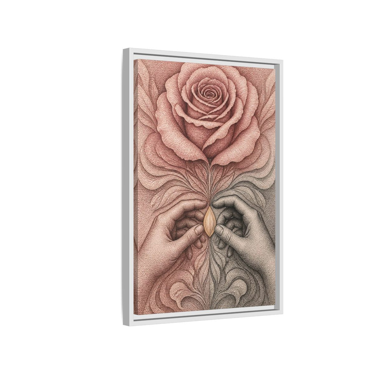 Side Mockup 1. Stippled Rose With Hands shown as framed canvas print