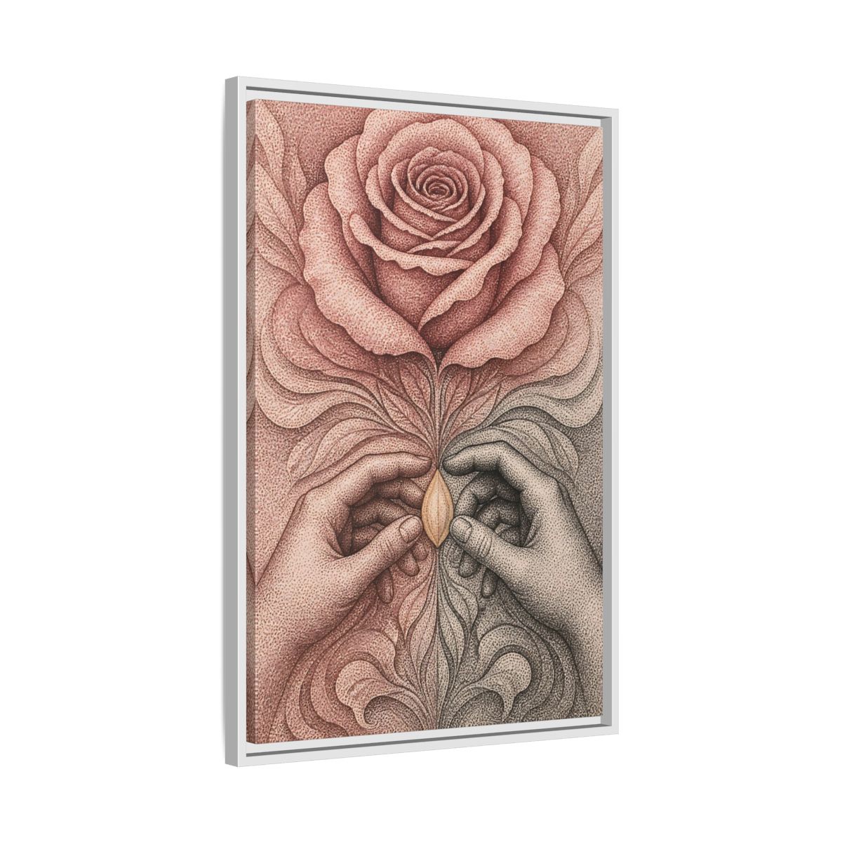Side Mockup 10. Stippled Rose With Hands shown as framed canvas print