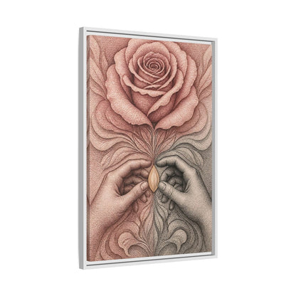 Side Mockup 10. Stippled Rose With Hands shown as framed canvas print