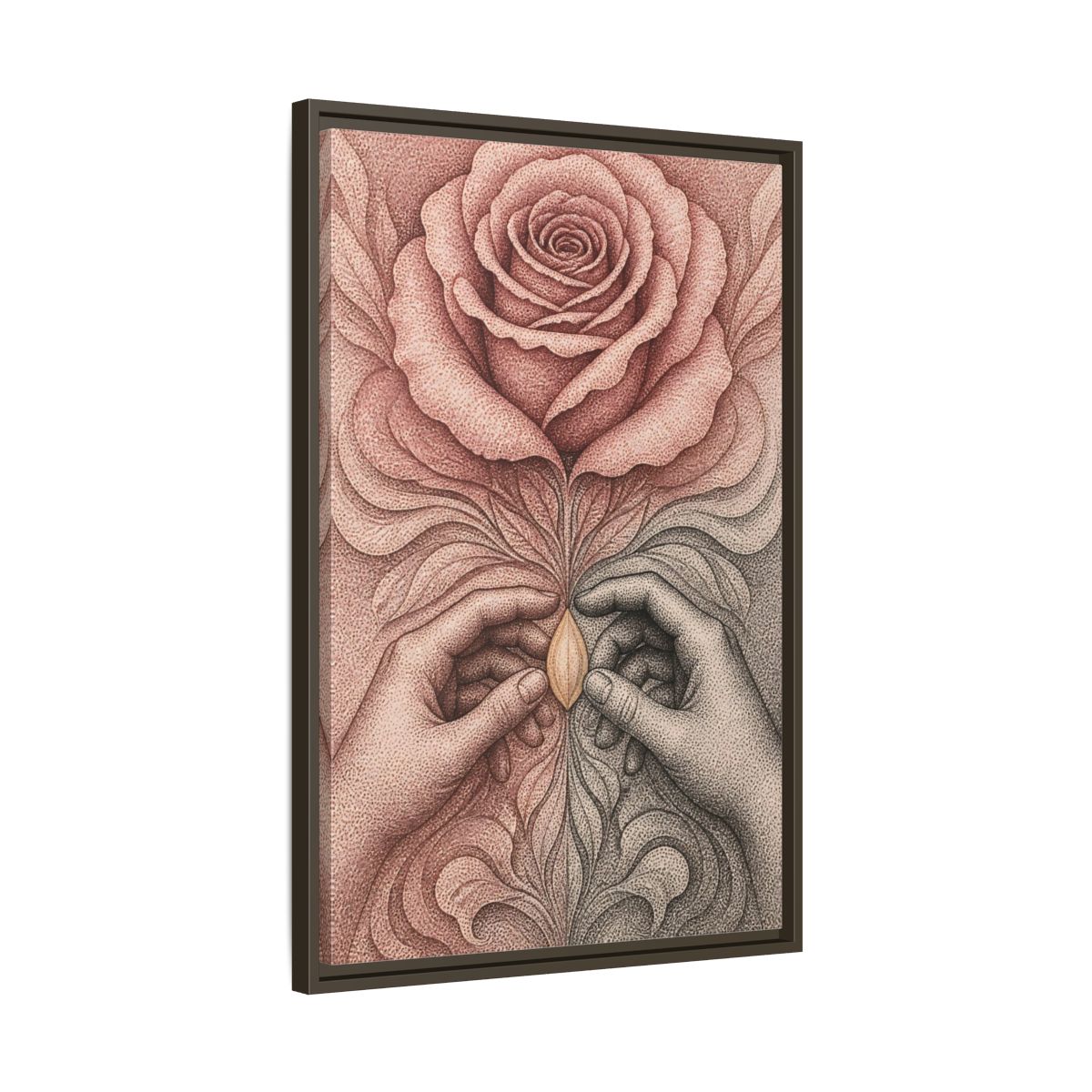 Side Mockup 11. Stippled Rose With Hands shown as framed canvas print