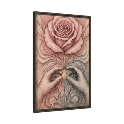 Side Mockup 11. Stippled Rose With Hands shown as framed canvas print