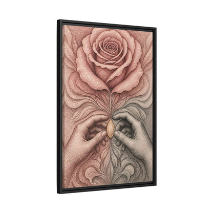 Side Mockup 14. Stippled Rose With Hands shown as framed canvas print