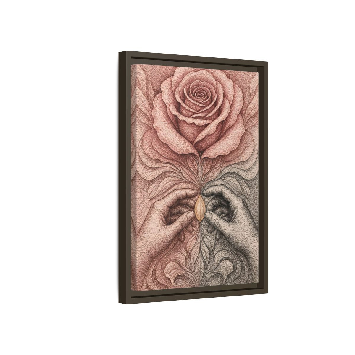 Side Mockup 5. Stippled Rose With Hands shown as framed canvas print