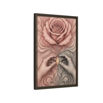 Side Mockup 2. Stippled Rose With Hands shown as framed canvas print