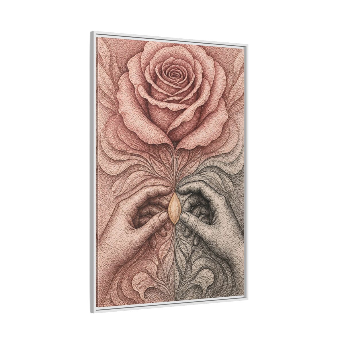 Side Mockup 7. Stippled Rose With Hands shown as framed canvas print