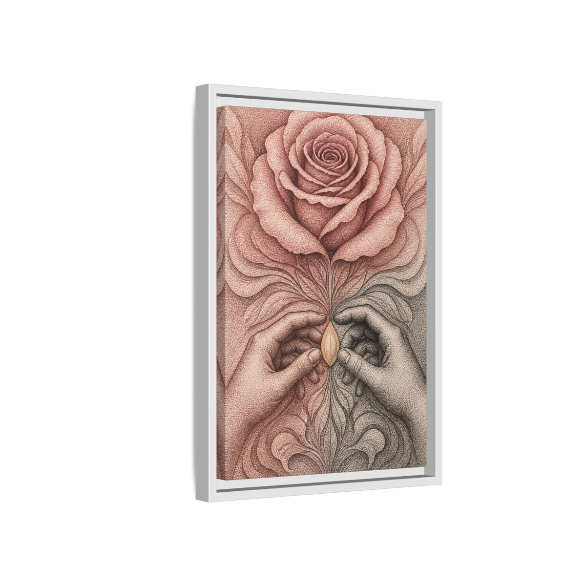 Side Mockup 4. Stippled Rose With Hands shown as framed canvas print