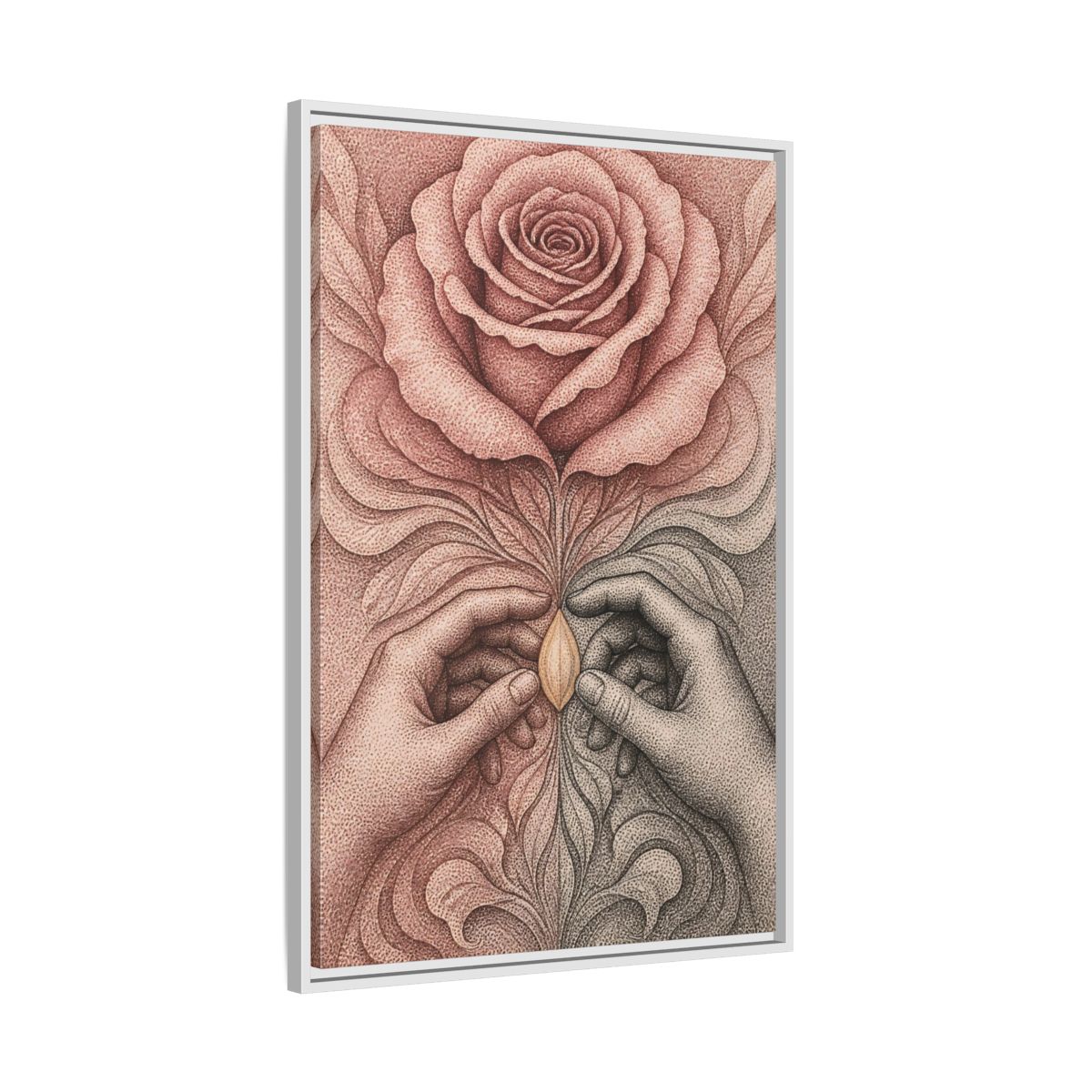 Side Mockup 9. Stippled Rose With Hands shown as framed canvas print