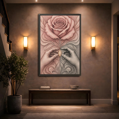 Mockup 2. Stippled Rose With Hands shown as framed canvas print