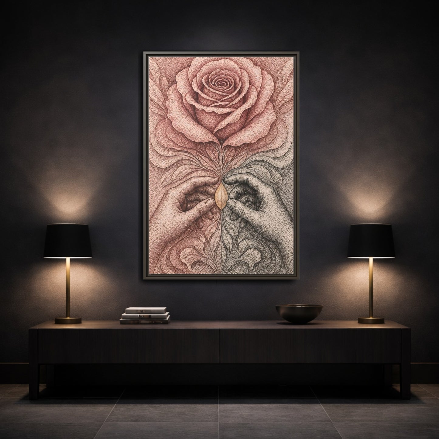 Mockup 3. Stippled Rose With Hands shown as framed canvas print