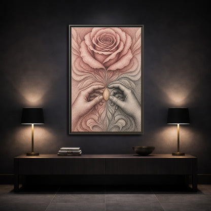 Mockup 3. Stippled Rose With Hands shown as framed canvas print