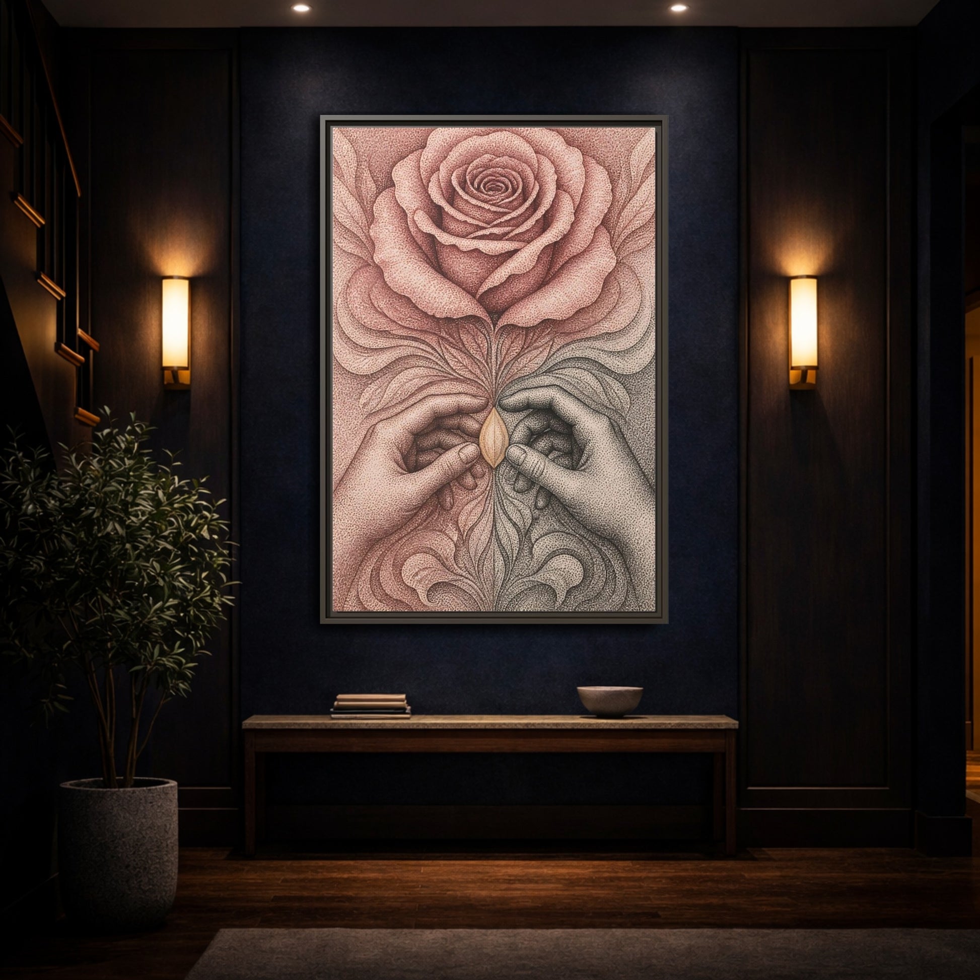 Mockup 4. Stippled Rose With Hands shown as framed canvas print