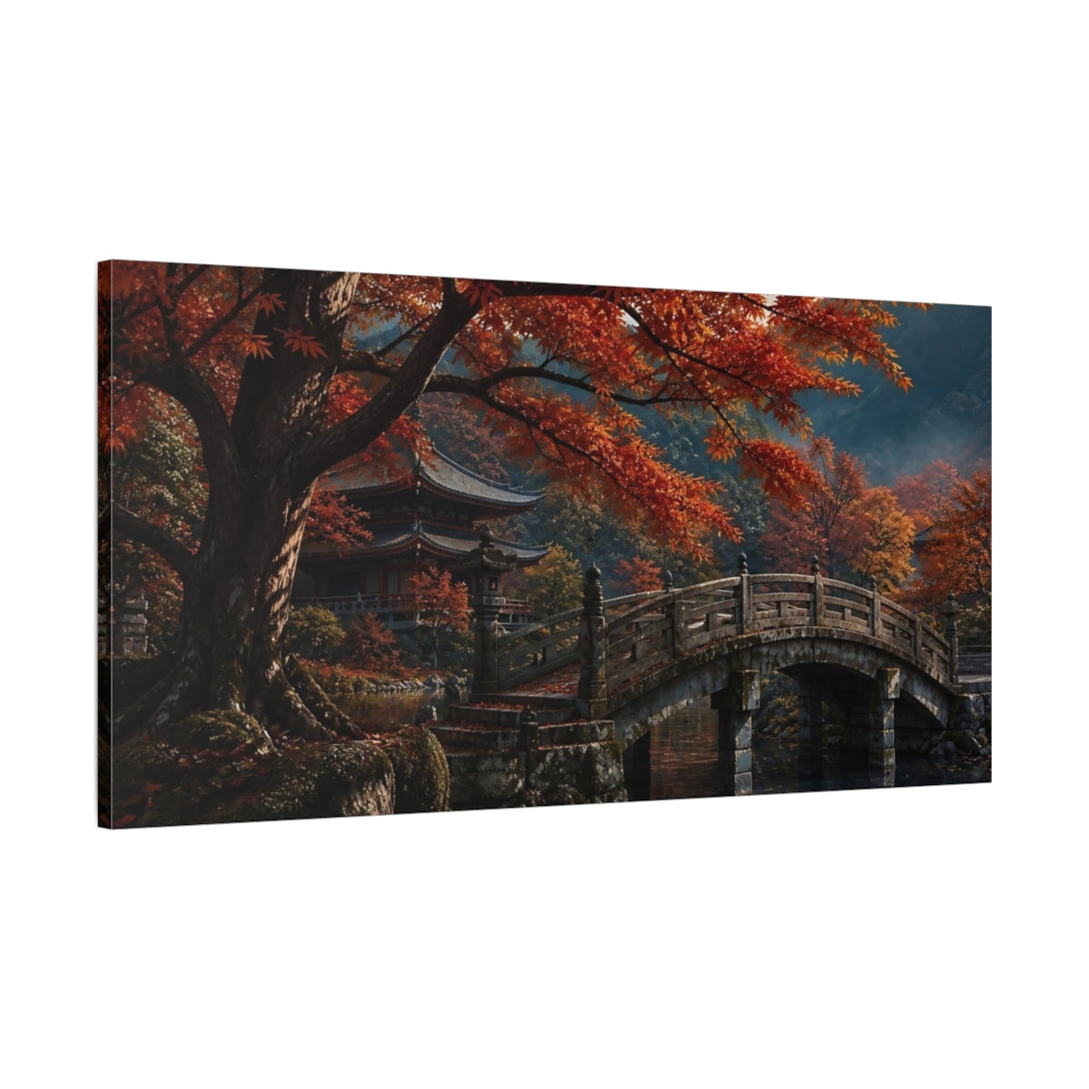 Main Mockup. Stone Bridge In Autumn shown as canvas print