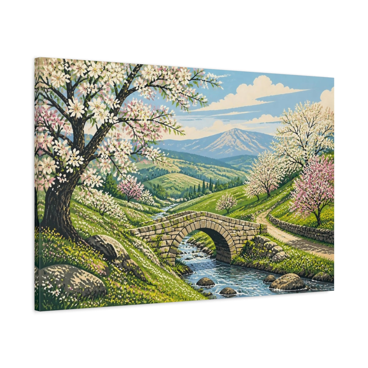 Main Mockup. Stone Bridge Spring Landscape shown as canvas print
