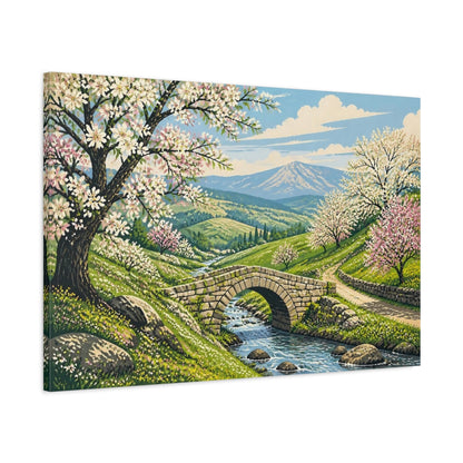 Main Mockup. Stone Bridge Spring Landscape shown as canvas print