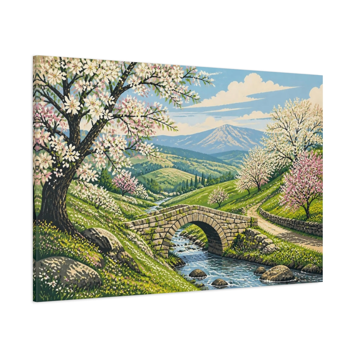 Side Mockup 1. Stone Bridge Spring Landscape shown as canvas print
