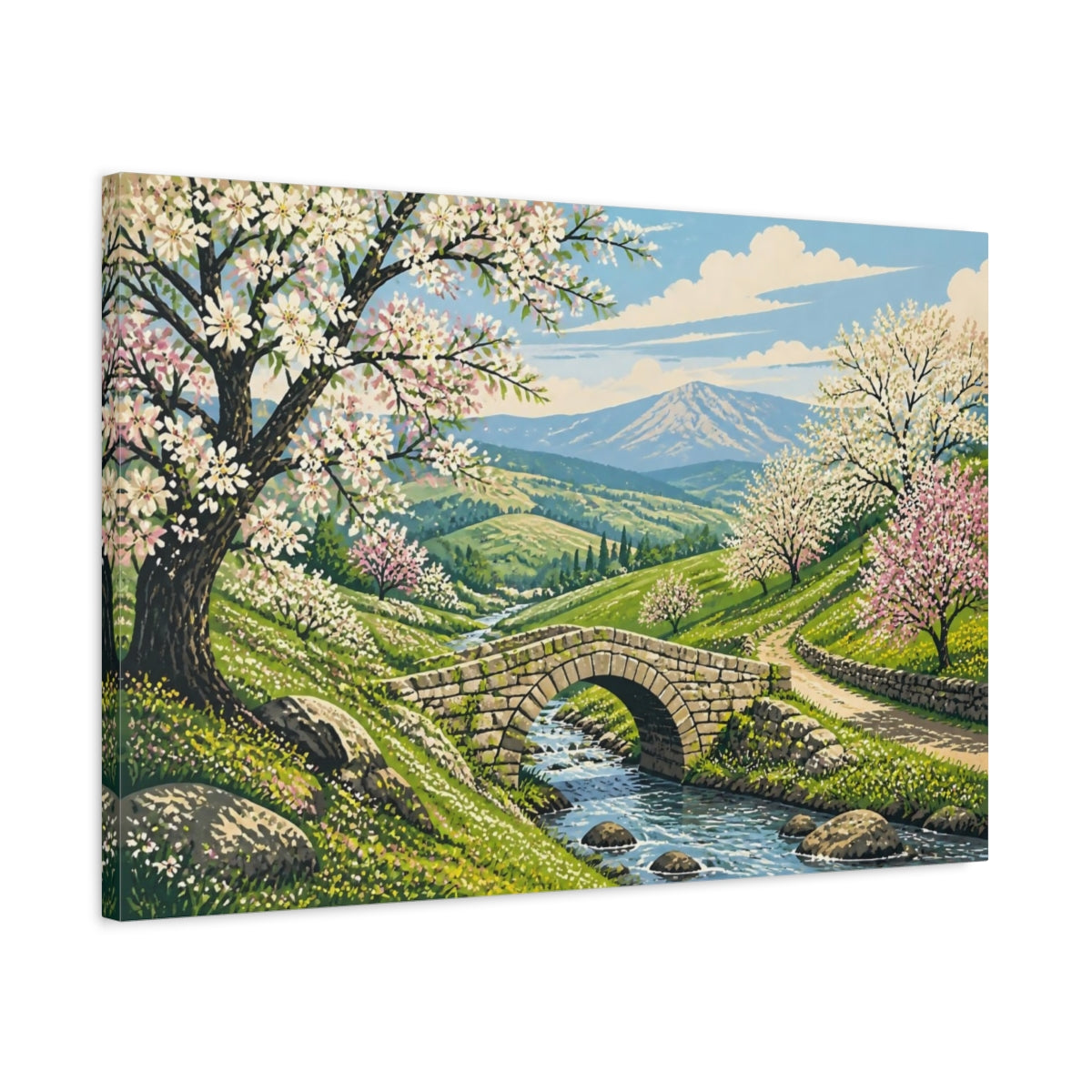 Side Mockup 2. Stone Bridge Spring Landscape shown as canvas print