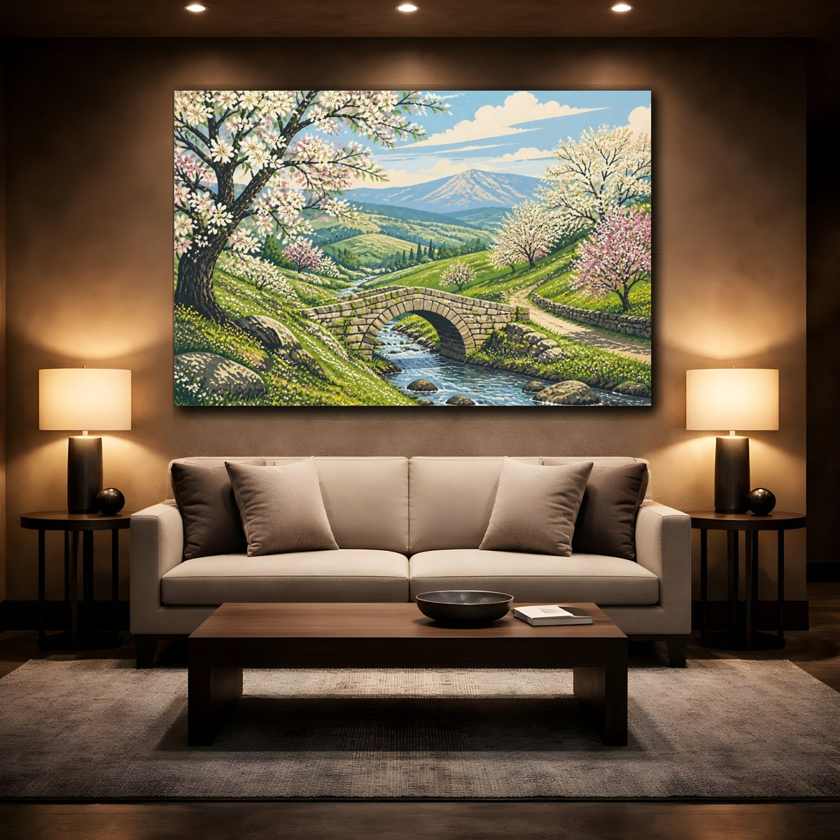 Mockup 2. Stone Bridge Spring Landscape shown as canvas print