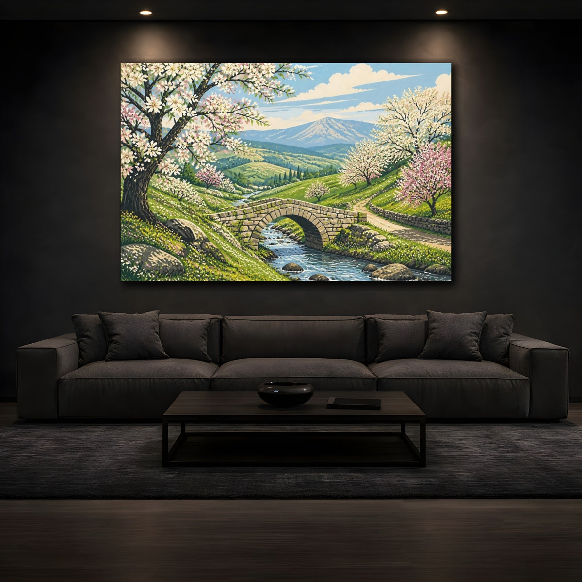 Mockup 3. Stone Bridge Spring Landscape shown as canvas print