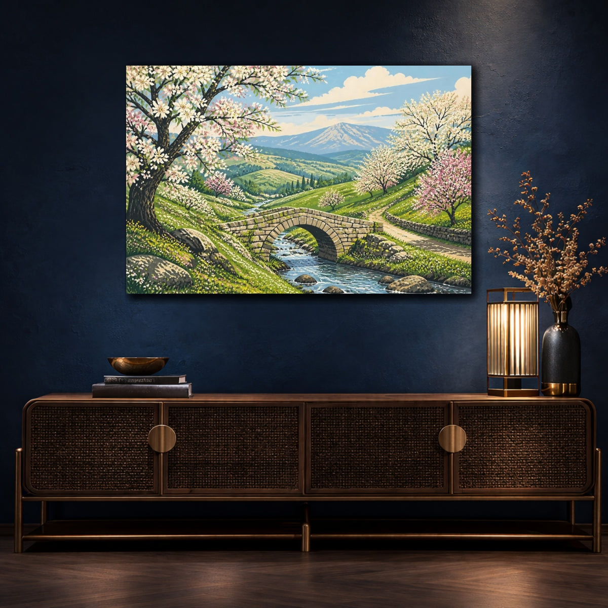 Mockup 4. Stone Bridge Spring Landscape shown as canvas print