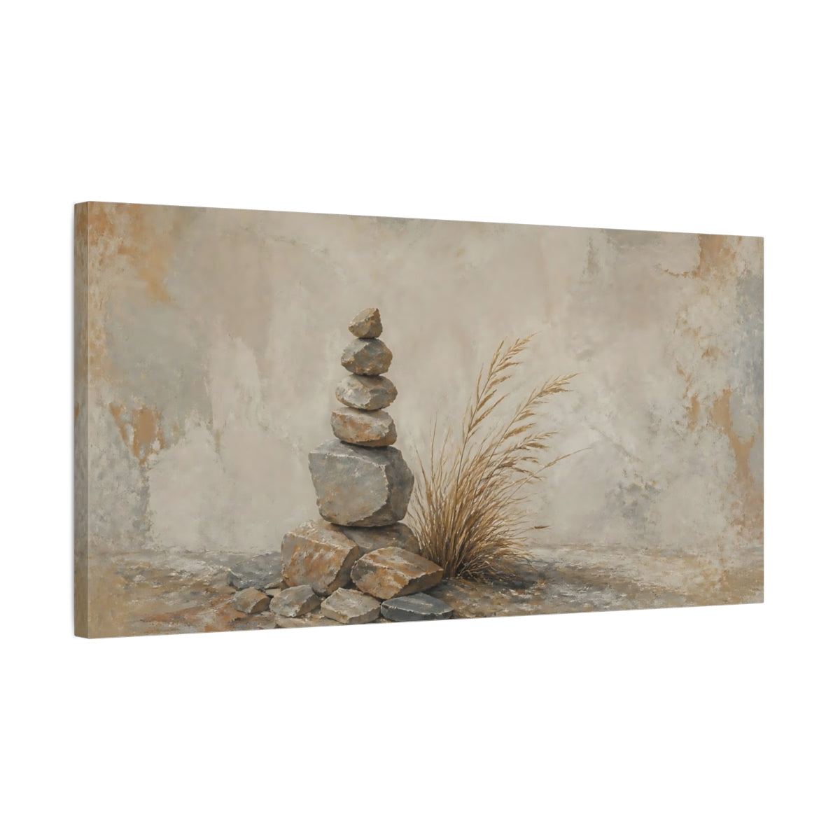Side Mockup 1. Stone Cairn With Grass shown as canvas print