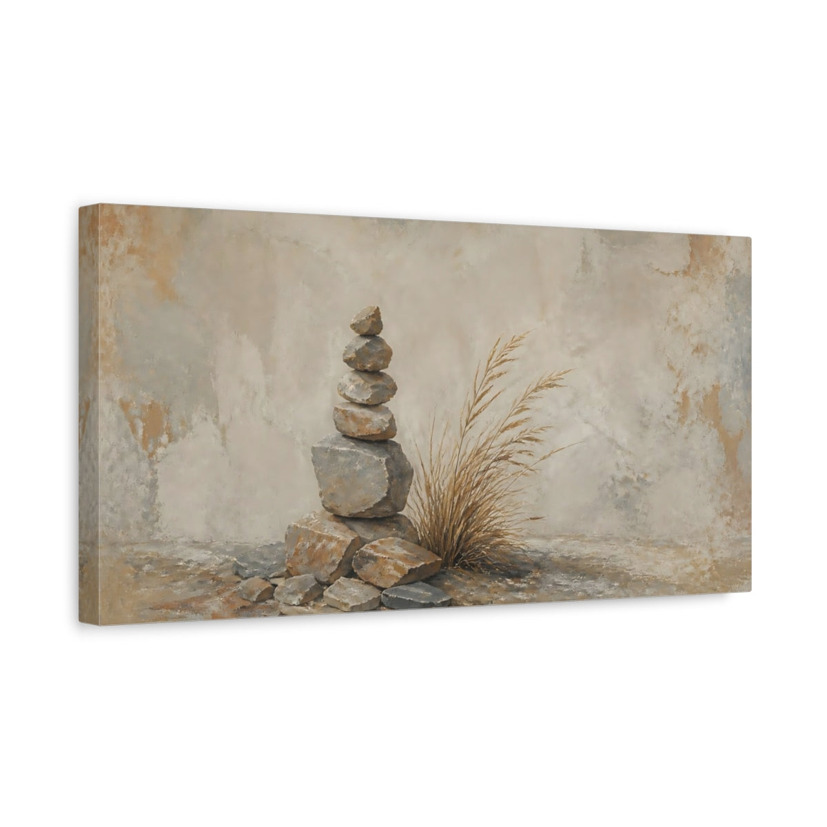Side Mockup 3. Stone Cairn With Grass shown as canvas print